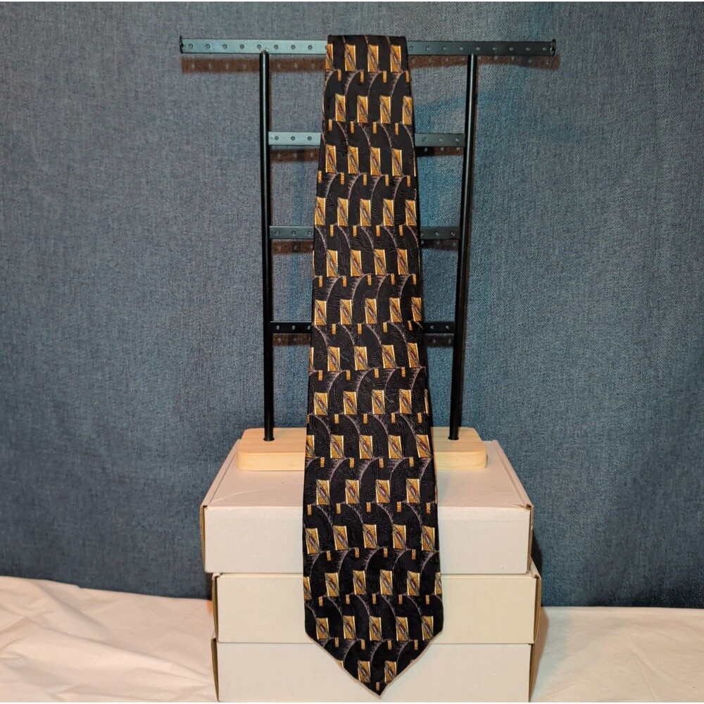 Vtg Ferrell Reed for Edwards Silk Neck Tie Black Gold Geometric Art Deco 59.5